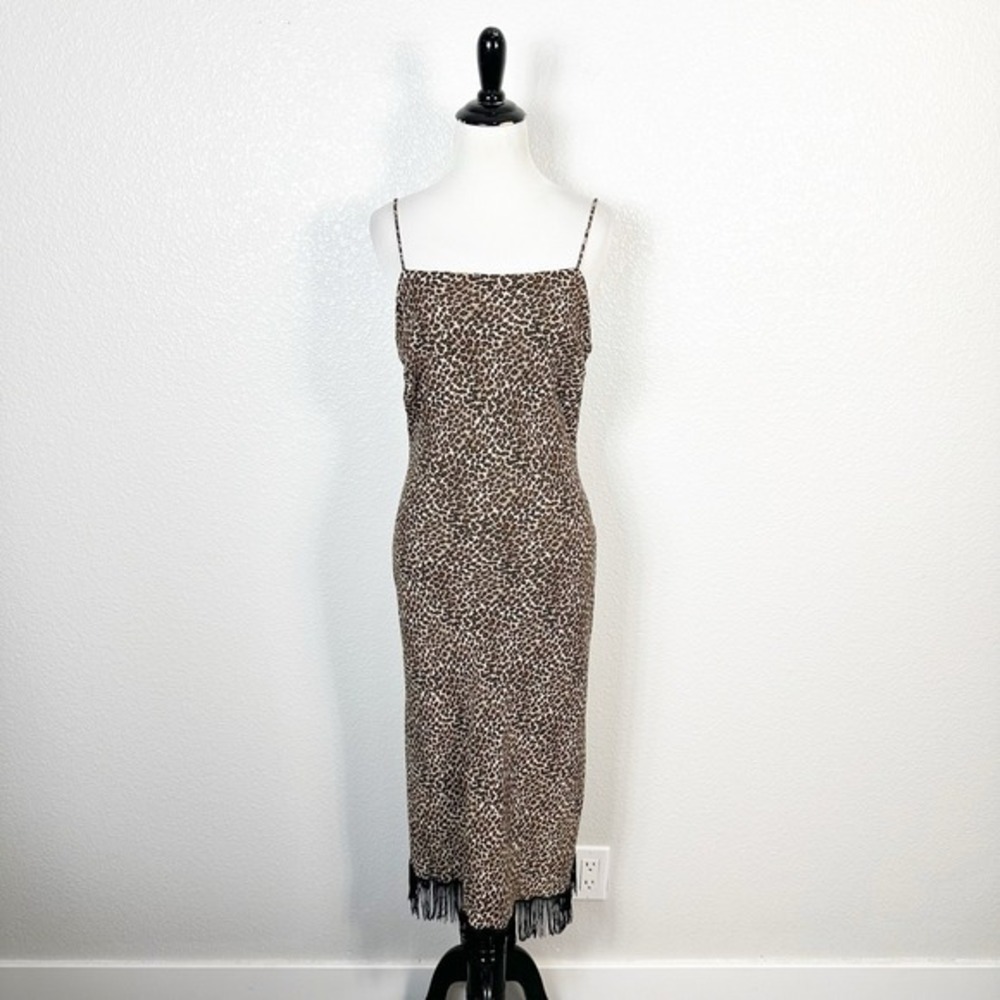 Vintage Y2K Fairy Grunge Miravo Large Bias Cut Leopard Fringe Print Midi‎ Dress